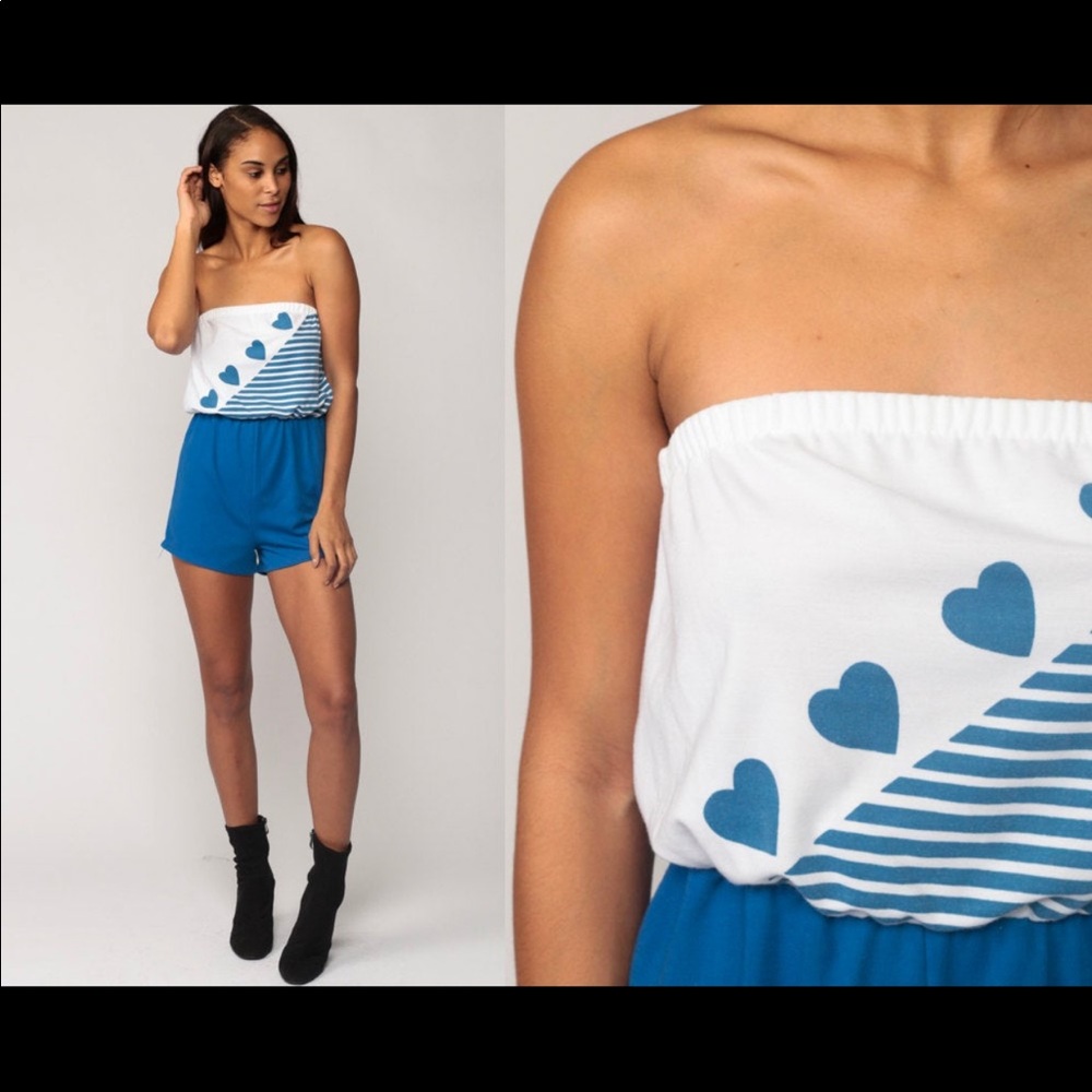 Strapless Playsuit HEART Romper 80s Romper Shorts 70s Roller Girl Vintage
